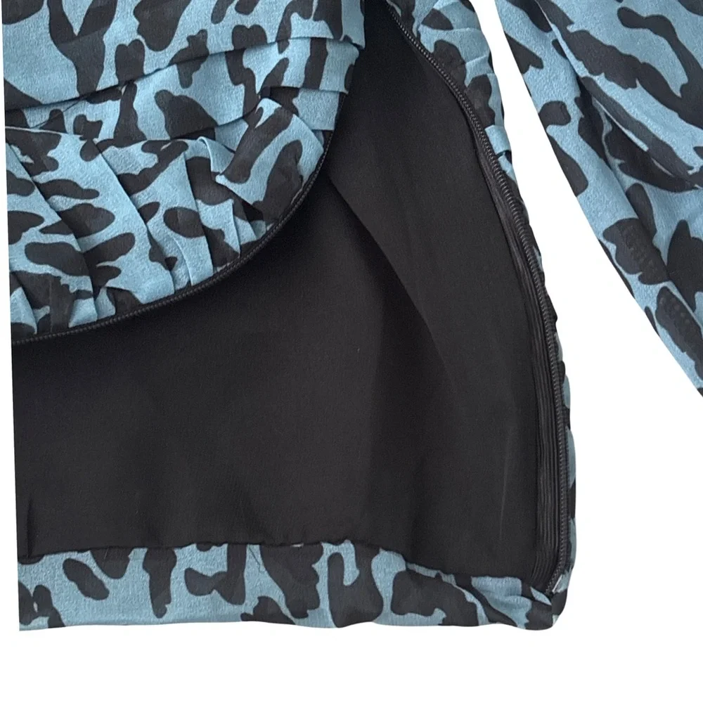 ZARA Womens Blue Animal Print Balloon Long Sleeve Pleated Crop Blouse Top Small